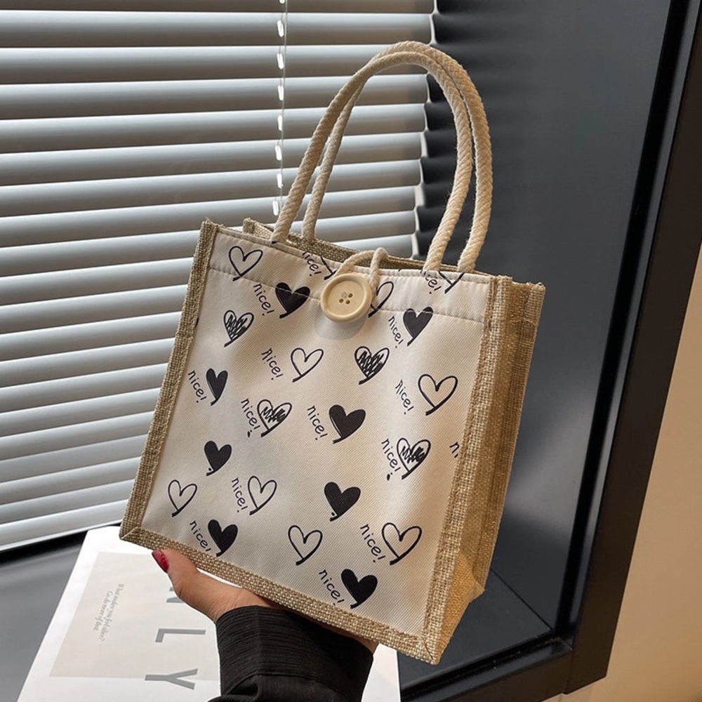 Stylish Heart Print Tote Bag - Black and Cream